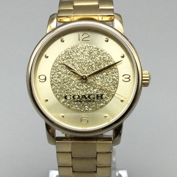 Coach Brand Watch Women 36mm Gold Tone Glitter Dial Logo New Battery 7.25" - Picture 1 of 13